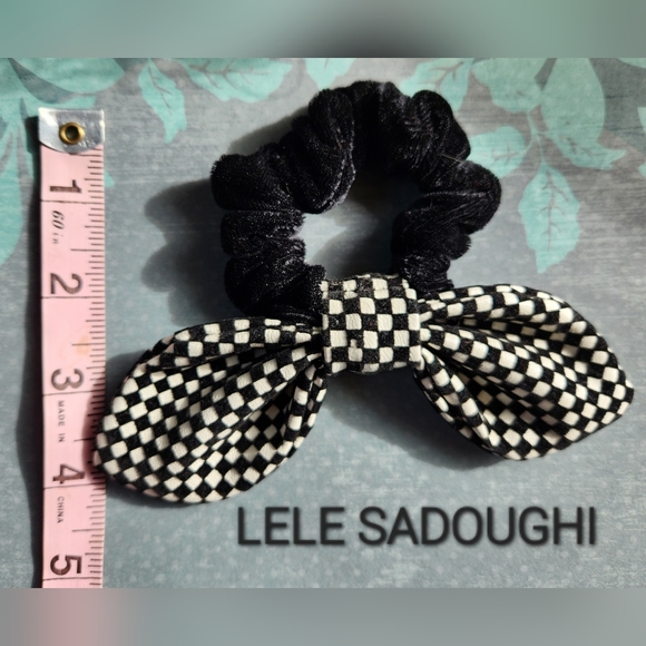 LELE SADOUGHI B & W Checked Velvet Rabbit Ears Hair Ponytail BLACK Scrunchie NEW - Picture 7 of 9